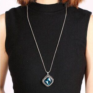 3/$35 Rhombus Blue Gemstone Long Pendant Chain Necklace Crystal Stone Women